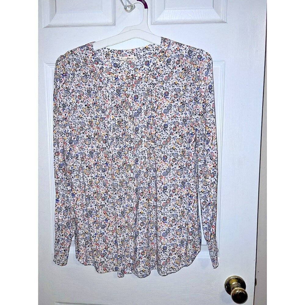 Anthropologie JANE AND DELANCEY Floral Print Bib Neckline Button Blouse Sz L